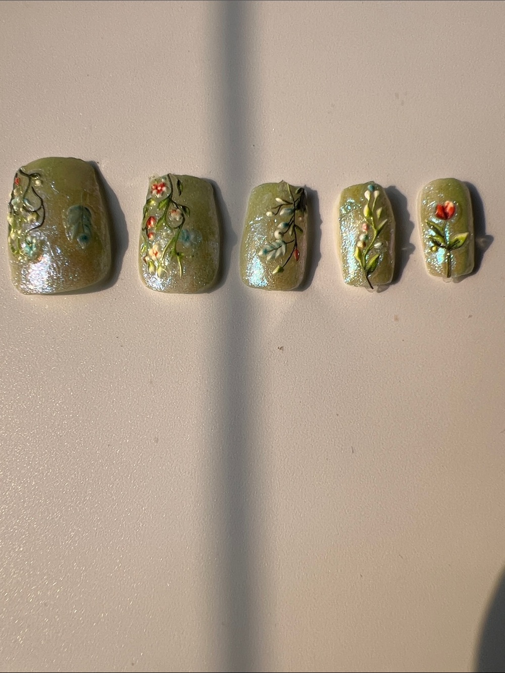 Hand Crafted Pearl Blue Iridescent Floral Press-On Nails
